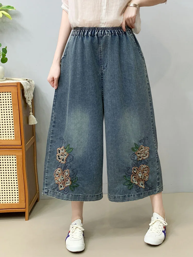2025 zomer dunne retro geborduurde rechte jeans dames elastische taille casual grote versie achtpunts wijde pijpen broek