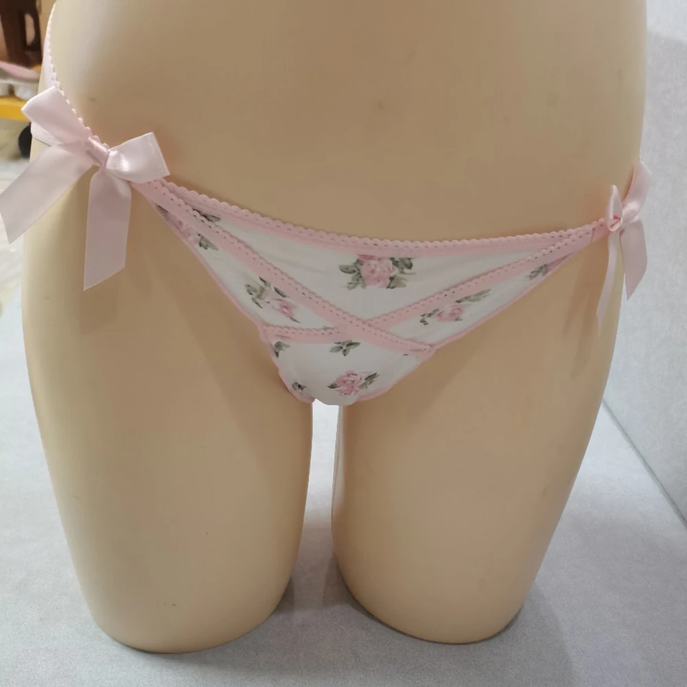 

Women Smooth Satin Briefs Flowers Printed Thong Panties Ruffled Lovely Sweet Girl T-back Underpants Bow Low Waist Underwear