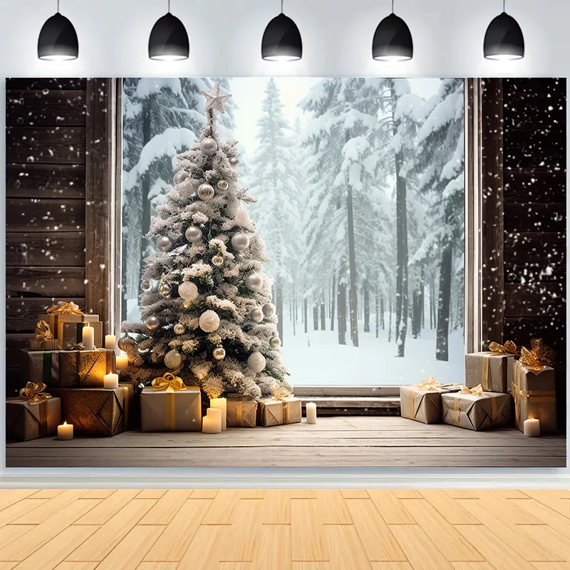 

Christmas Tree With Wooden Floor Photography Backdrops Pinecones Snow Fireplace New Year Winter Holiday Party Background DT-25