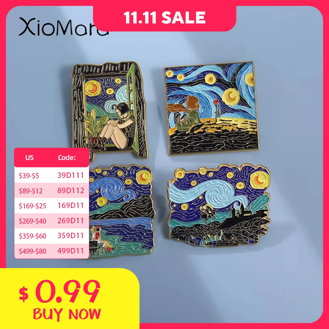 Art Oil Paintings Design Brooch Enamel Pins Cartoon Character Starry Sky Painting Badge Pin Fashion Jewelry Gift Accessories