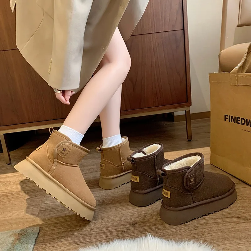 Winter Women's Cropped Plush Warm Snow Boots Casual Shoes New Suede Fur Chelsea Ankle Boots Flats Platform Women's Shoes Botas