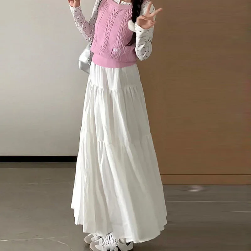 

Летняя длинная юбка для женщин в корейском стиле, юбки-миди трапециевидной формы с высокой талией, женские однотонные повседневные универсальные юбки Big Wag Maxi