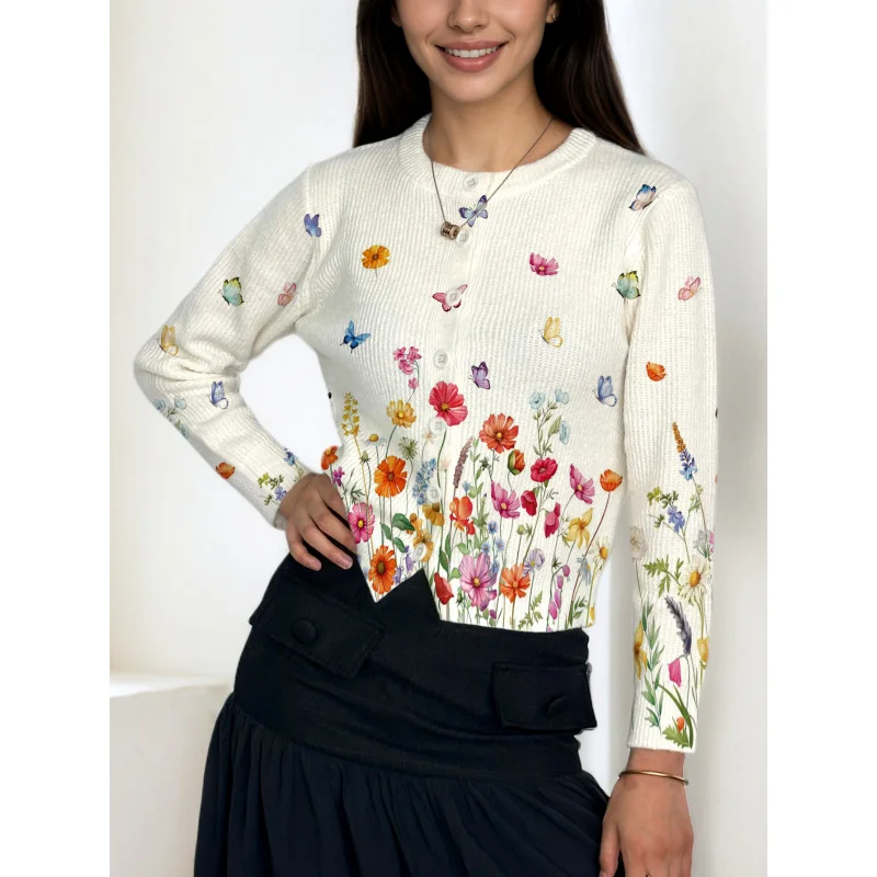 

Simple Butterfly Flower Print Girls' Sweater Cardigan Warm High-Quality Round Neck Long Sleeve Button Autumn Winter Casual Daily