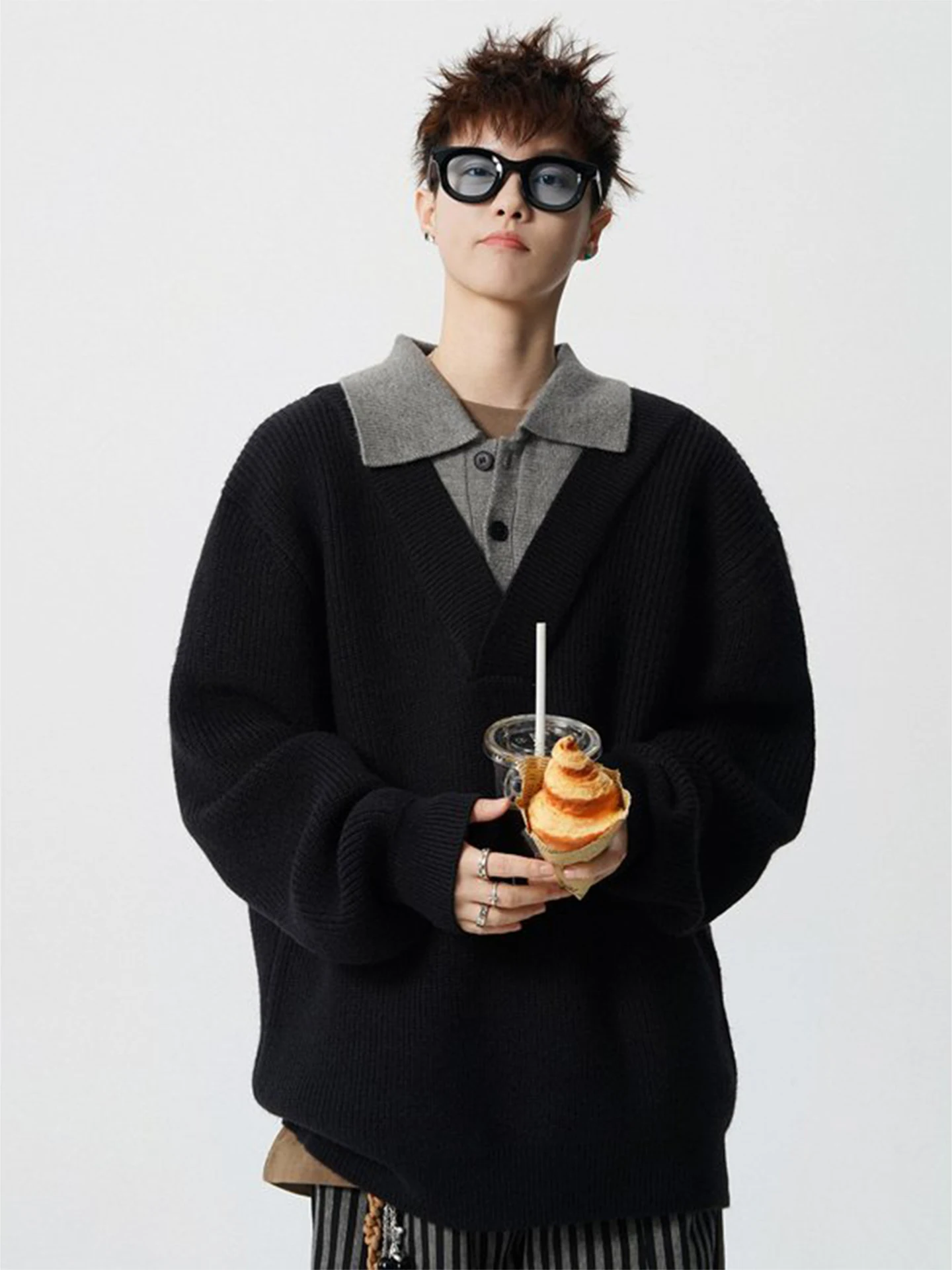 

Loose Fit Thiened Collar Knitted Sweater Men's College Sle Fake Two-Piece Long Sve Warm Autumn Winter New Arrival