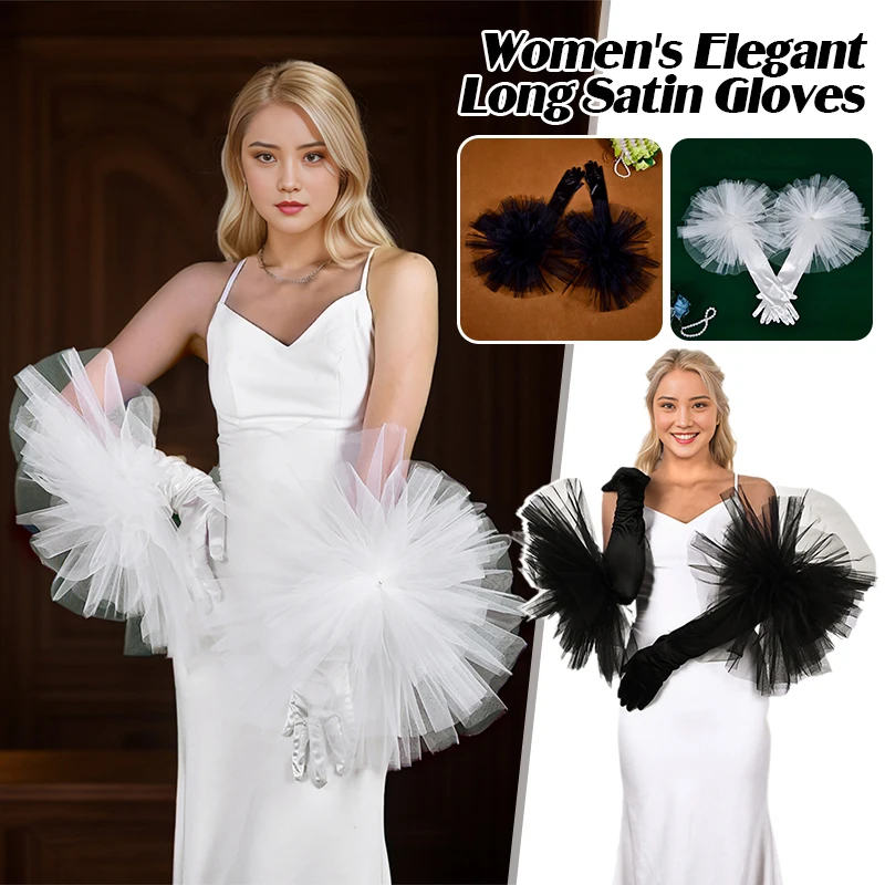 Women Elegant Long Satin Gloves Oversized Mesh 3D Flower Glove Opera Wedding Dress Bridal Evening Party Retro DIY Accessories
