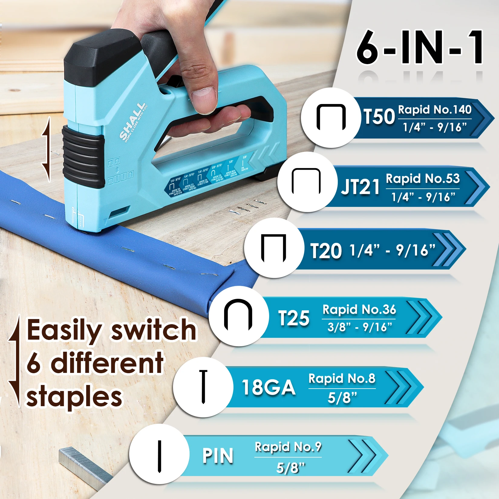 SHALL 6-in-1 Nail Gun Heavy Duty Upholstery Stapler Nail Gun with 4000 Counts Staples Manual Brad Nailer Staple gun for home DIY