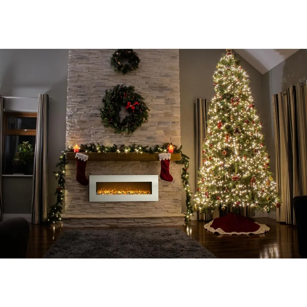 Electric Fireplace 50 Inch Wall Mounted Fireplace with 10 Color LED Flames 3 Backgrounds Adjustable Brightness and Remote White