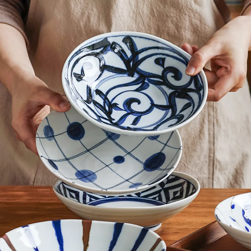 

Japanese Shallow Bowl Retro Ceramic Plate, Underglaze Color Kitchen Utensils, Household Deep Plate Multifunctional Side Dishes