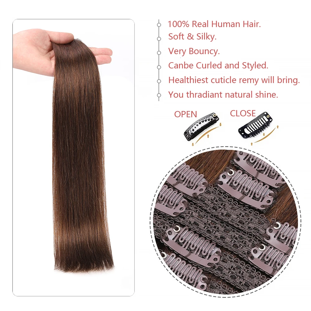 Extensiones de cabello humano Remy para mujer, pelo liso de doble trama, 7 piezas, con Clip, color marrón, 12-18 pulgadas