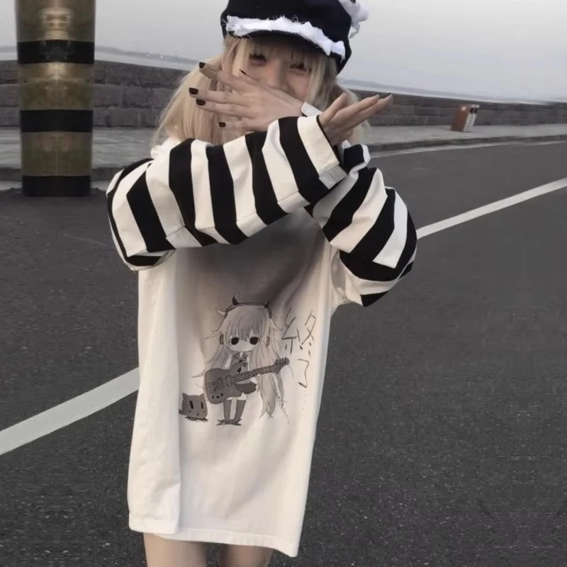 Long Sleeve T-shirt Stripe White Casual Y2k Loose Subculture Punk Rock Spring 2024 Women Top Harajuku Coaplay Japanese Shirts