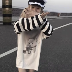 Long Sleeve T-shirt Stripe White Casual Y2k Loose Subculture Punk Rock Spring 2024 Women Top Harajuku Coaplay Japanese Shirts