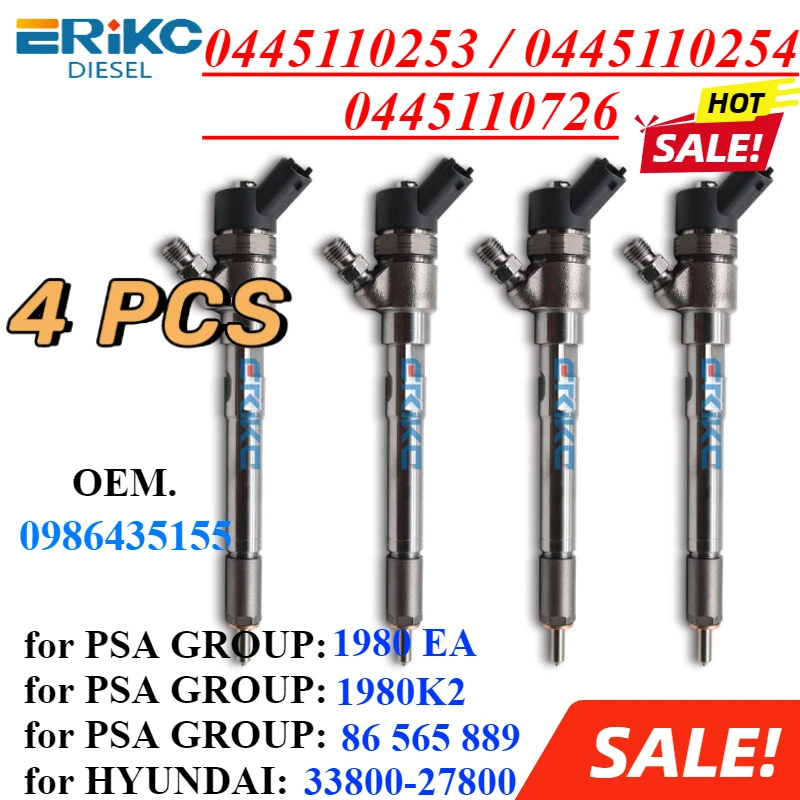 4PCS 0445110253 0445110254 Common Rail Injector 0986435155 0445110726 for HYUNDAI 33800-27800 PSA GROUP 1980EA 1980K2 86565889