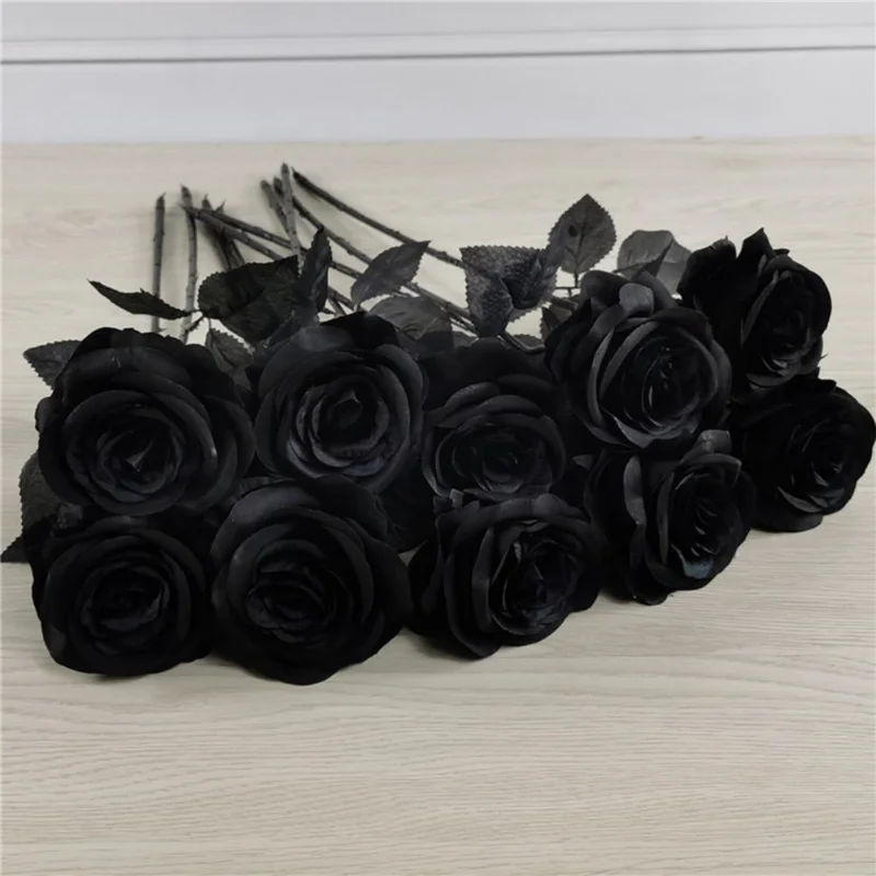 5pcs Black Rose Artificial Flower Head Bouquet Gothic Home Living Room Halloween Weeding Chritmas Decoration New Year Decoration