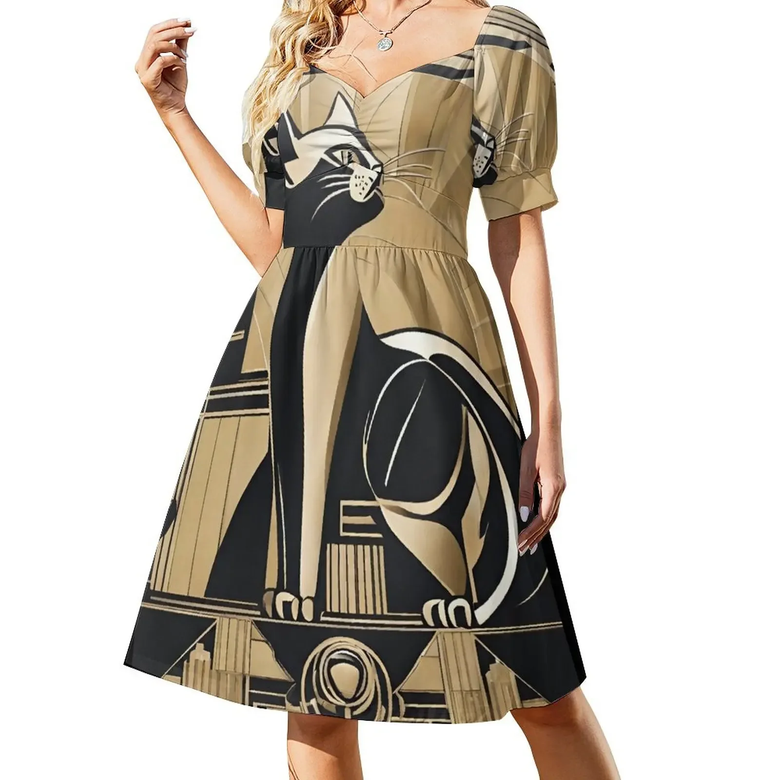

Art Deco Cat Short-Sleeved Dress dresses for woman Women's summer skirt Woman dresses Dress
