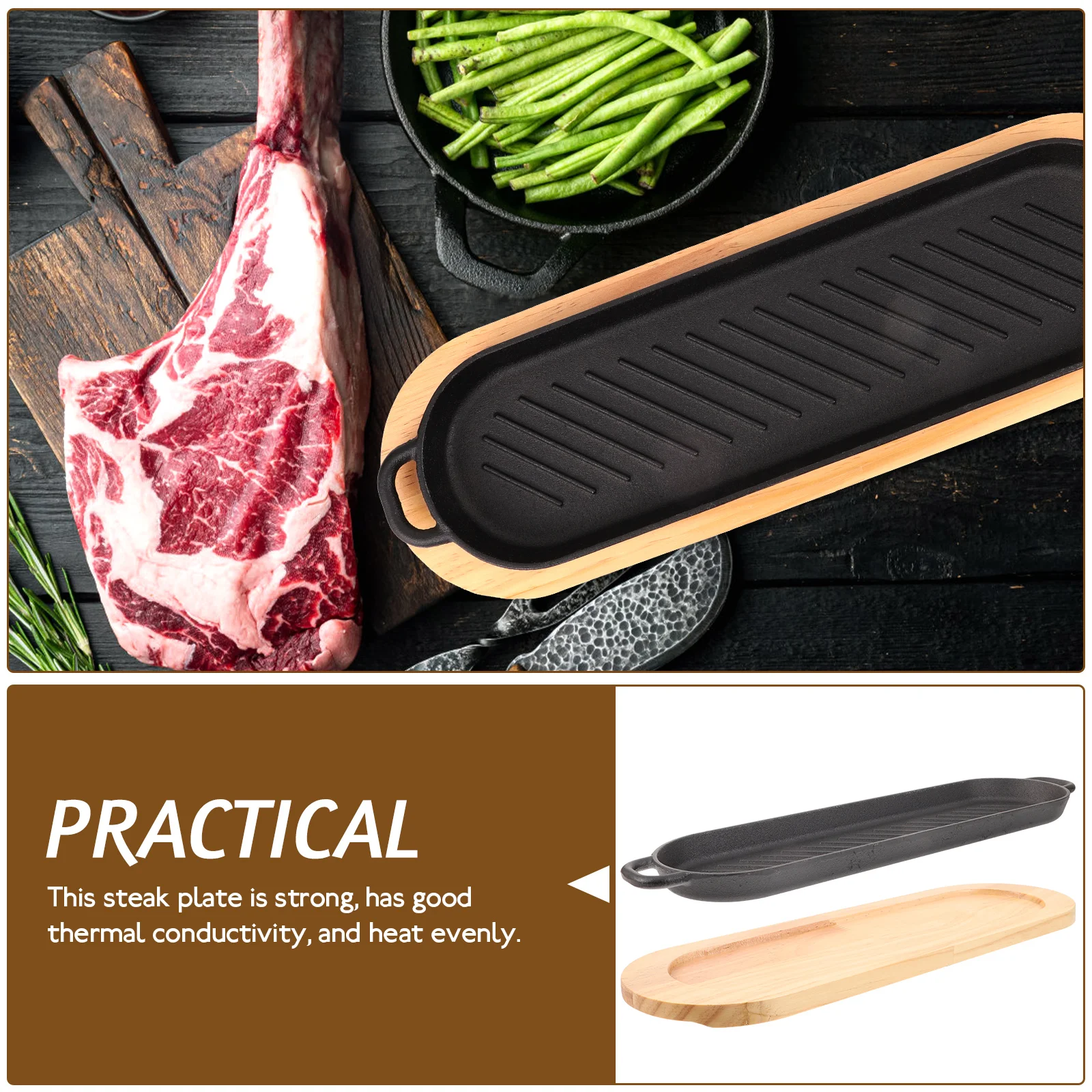 

Thick Cast Iron Steak Serving Plate with Wooden Base Strong Heat Retention Grill Pan for Deliciously Steaks and Fish