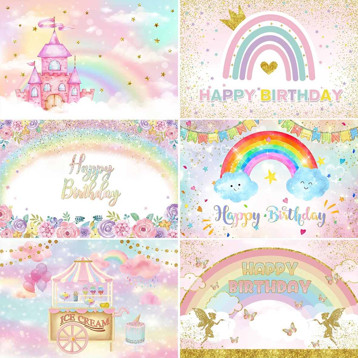 Rainbow Sky Star Cloud Photography Backdrop Baby Shower Birthday Sweet Cake Smash Banner Castle Balloons Decor Photo Background