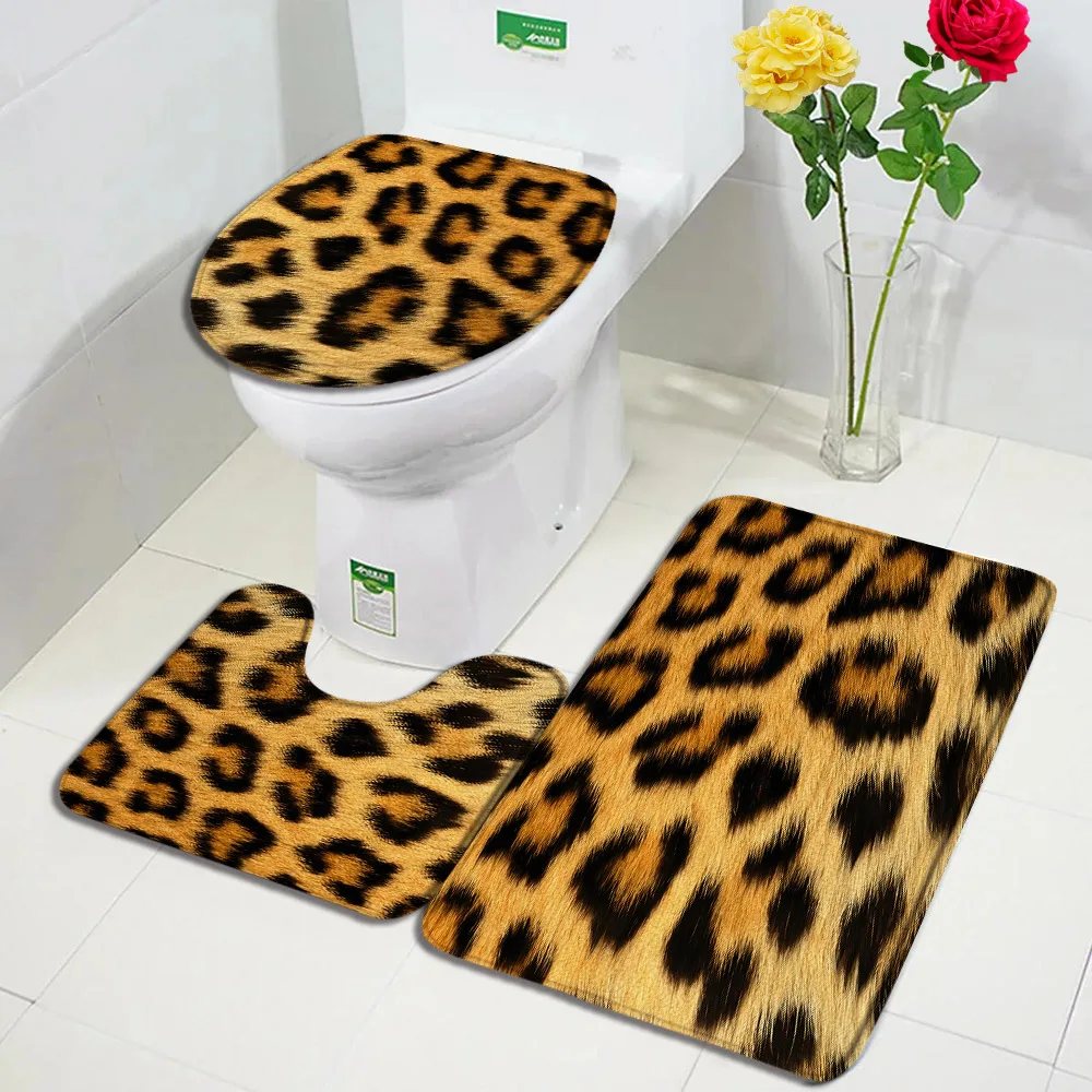 Brown Leopard Print Bath Mat Set Fashion Wild Animal Fur Pattern Modern Bathroom Decor Non-Slip Rug Toilet Lid Cover Home Carpet