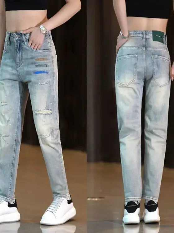 

Spring Summer Trendy Light Blue High End Ripped Jeans Men Casual Elastic Slim Fit High Street Nine Points Pants