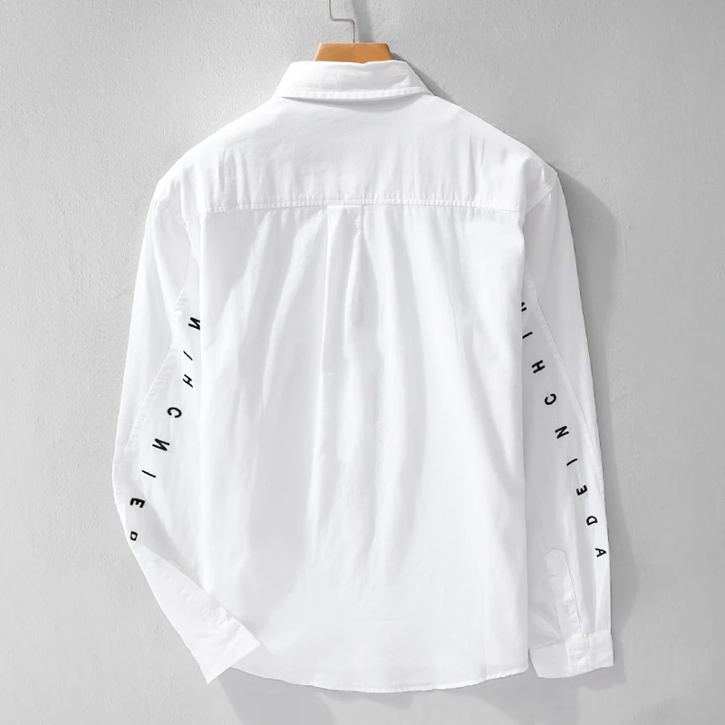 9550 Men\'s White Shirt Spring Fall Fashion Letter Embroidery Long Sleeve Chest Pocket Solid Color Simple Basics Tops 100% Cotton