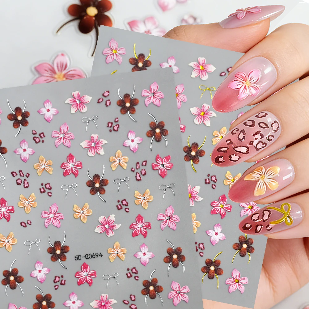 

2Pcs 5D Embossed Hibiscus Nail Decals Pink White Lily Hibiscus Tropical Floral Nail Art Stickers Spring Flower Manicure Supplies