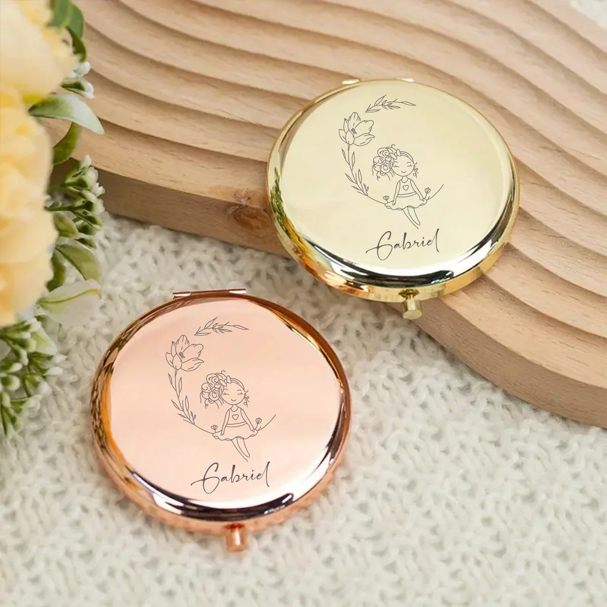 1pc Creative Pretty flower girl Personalized Text Mirror With Name Makeup Mirror Fold Mirror Birthday Gift