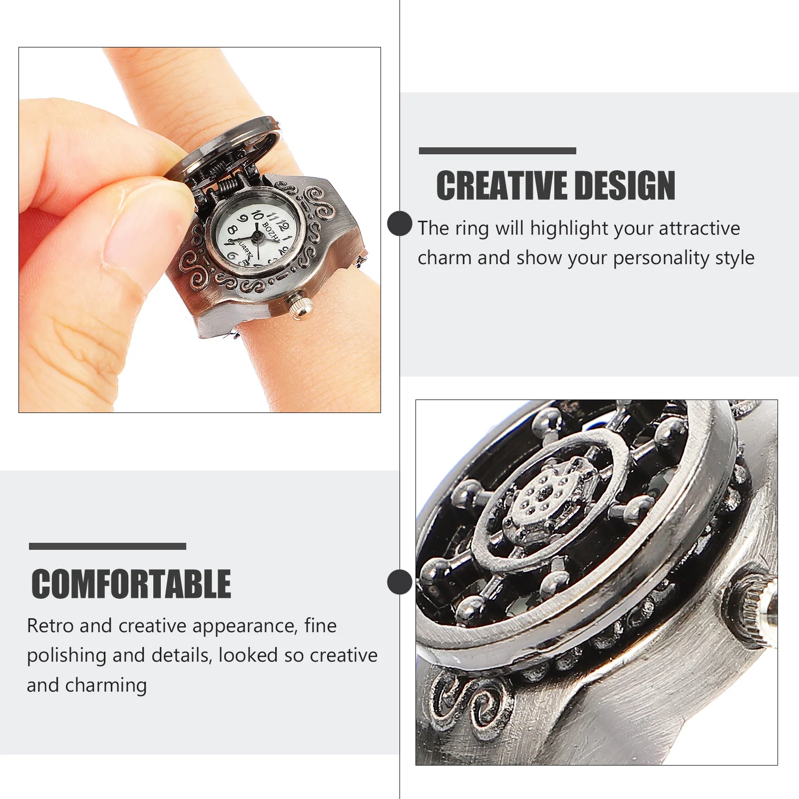 2 pezzi orologi con anello da dito retrò in lega di zinco design creativo orologio flip-open casual per decorazioni orologi da donna con anello alla moda