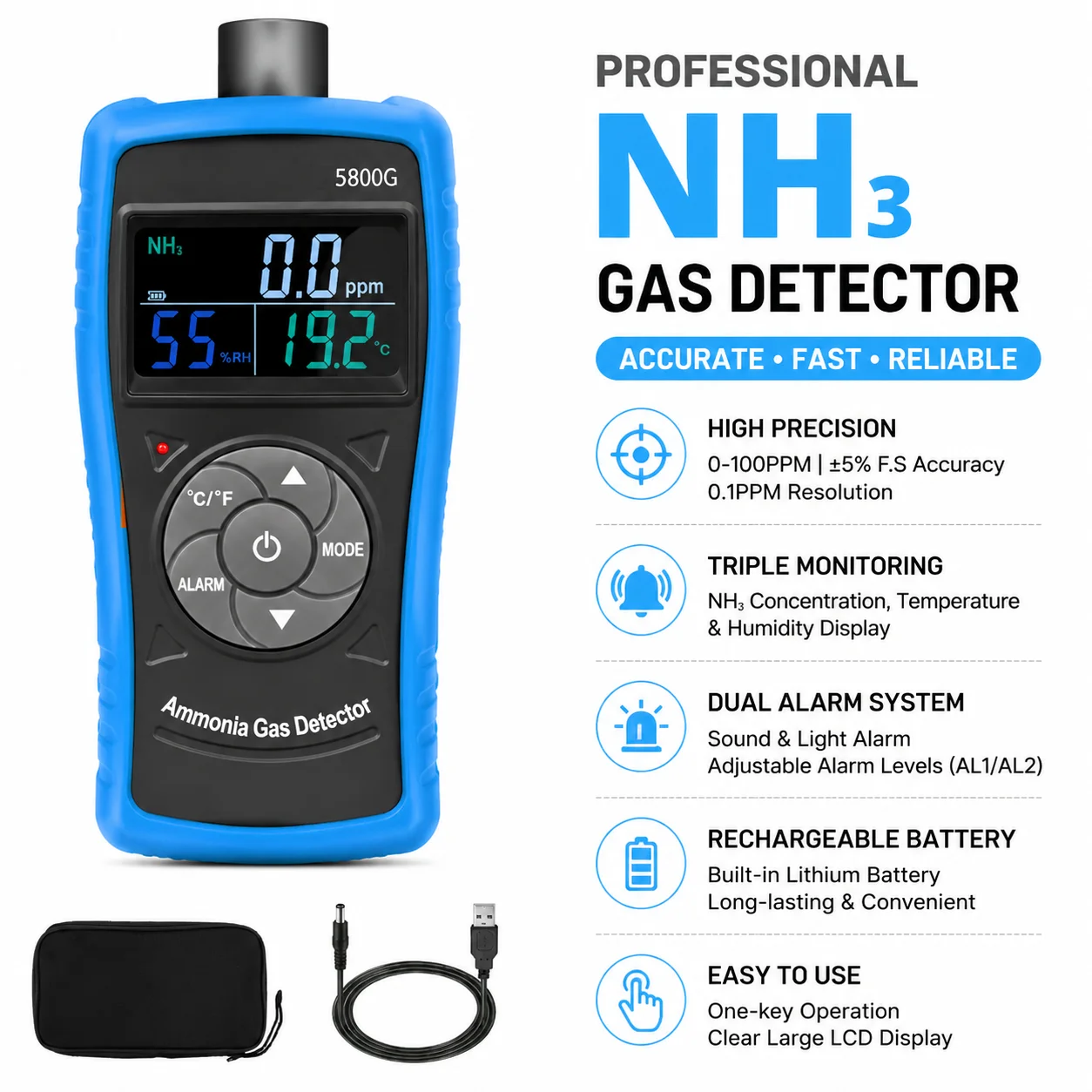 HOLDPEAK HP-5800G Ammonia (NH3) Gas Detector Tester Professional Particle Monitoring Meter for Industrial Environmental Testing