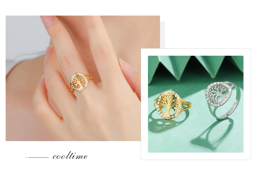 COOLTIME Baum des Lebens Klarer Zirkon Ring Edelstahl Verstellbar Damen Amulett Fingerringe Schmuck Geschenk – Detail 11