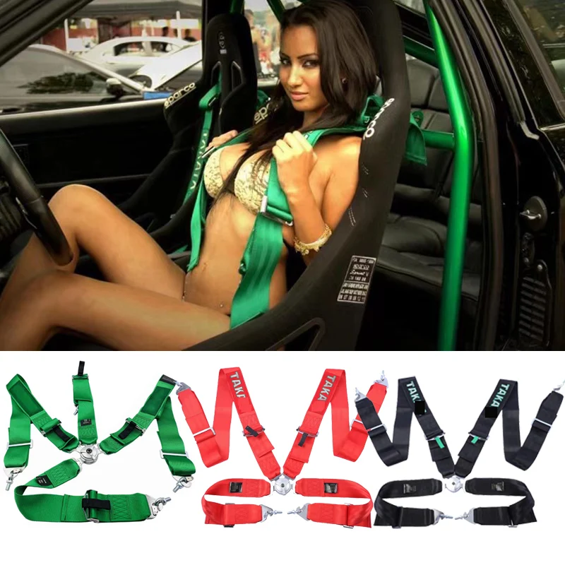 New JDM style 3 inch racing harness safety seat belt TAKAT quick release green strips modified car seat belt safe shoulder strap