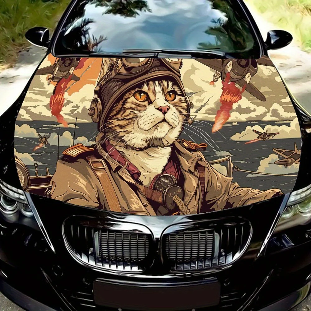 Combat stance kitten Print car hood stickers, waterproof self-adhesive, scratch resistant, easy to stick, durable car PVC sticke