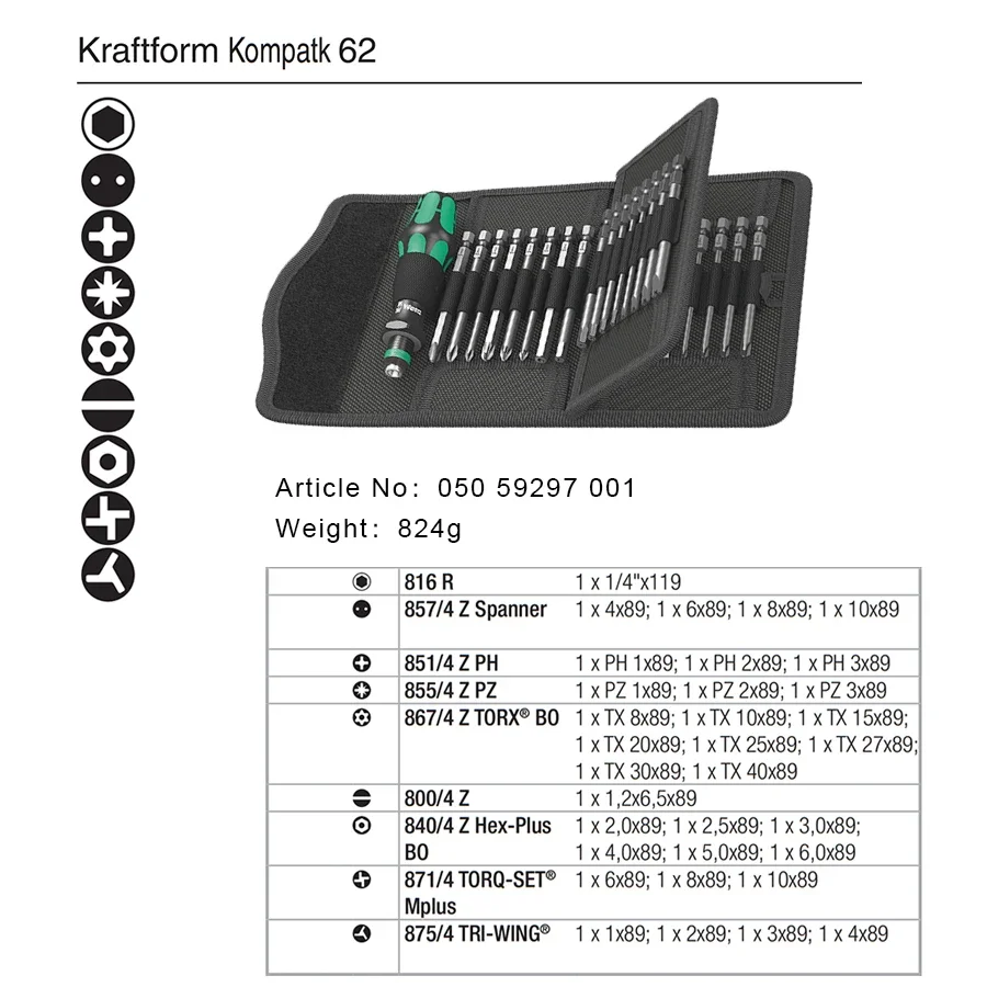 WERA 33 PCS Screwdriver Set Kraftform Kompakt 62 Multi Size with 89mm Long Bits with Tool Bag 05059297001