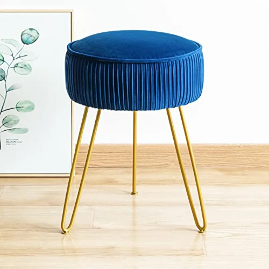 

Pleated Vanity Stool, Velvet Upholstered Vanity Stool for Makeup Room, Ottoman Footrest with Metal Legs for Living Room, Bedroo