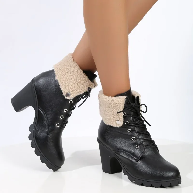 Shoes for Women 2024 Hot Sale Lace Up Women's Boots Winter Plush Warm Round Toe Solid Turned-over Edge High Heels Fashion Boots