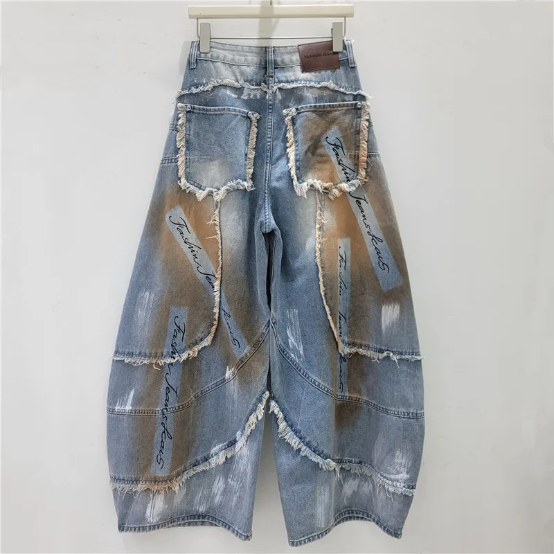 American Vintage Washed Female Denim Trousers 2026 New Spring Autumn High Waist Floor-length Letters Tassel Wide Leg Pants