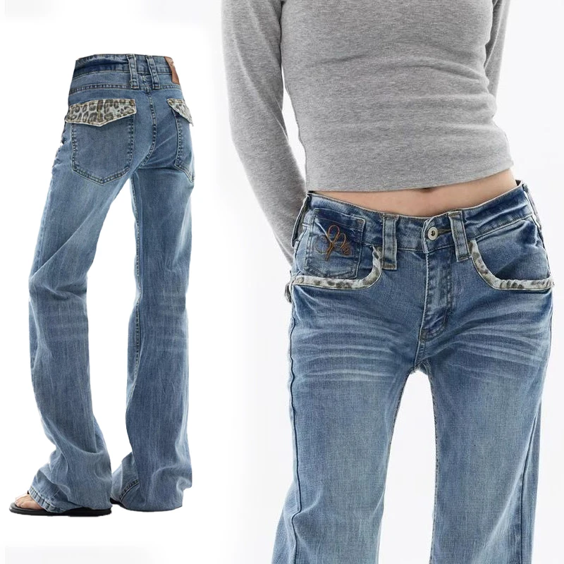 

Y2K Leopard Print Patchwork Flared Jeans Women Low Waist Vintage Wash Bootcut Denim Pants Streetwear Long Trousers