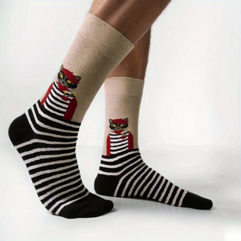 4 PCS Cat Jacquard Trendy Socks for Men and Women Couple Cotton Socks Mid-calf Socks