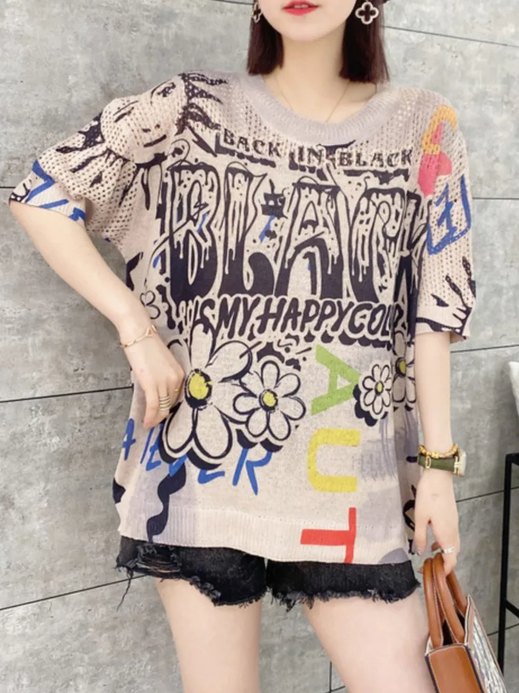 Knitted Summer Graffiti Letter Flower Print Pullover Sweater Women Short Sleeve Casual Modis Ladies Sweaters Loose Woman Sweater