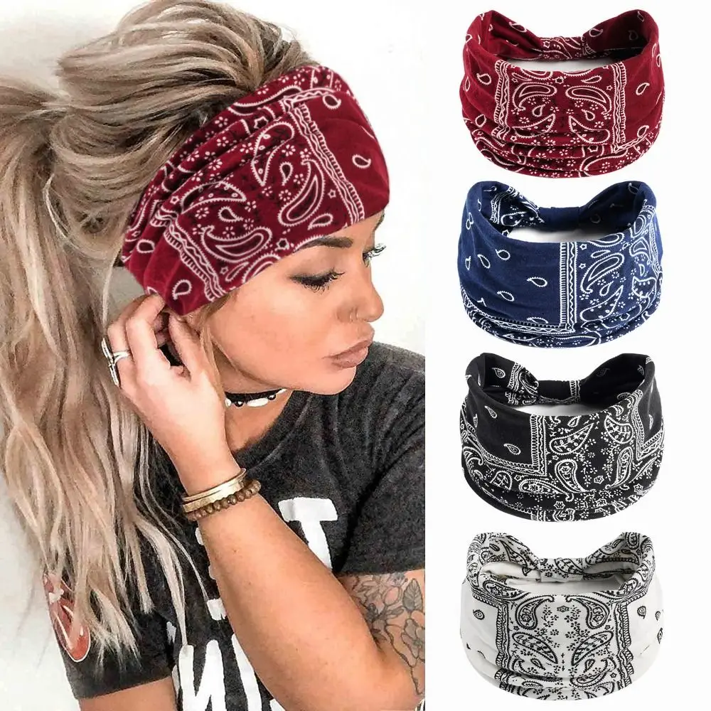 Cashew Print Boho Knot Turbans Headwrap Elastic Wide Edge Floral Bandanas Headband Colorful Unisex Cross Headband Sports