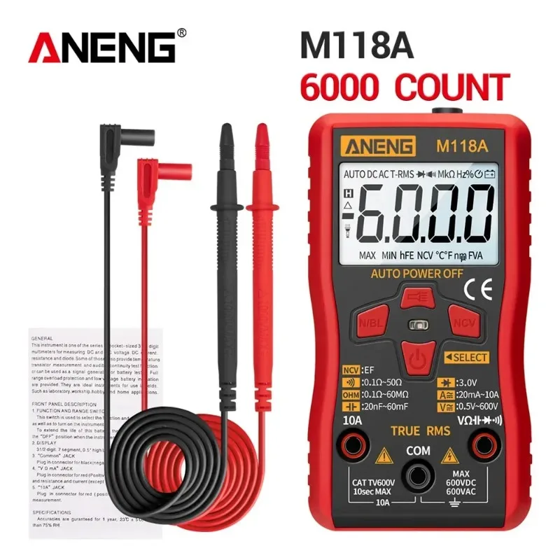 

ANENG M118A Multimeter Digital 6000 Counts Auto Pocket Multimetro True RMS Flashlight AC/DC Transistor Voltage Meter Tools