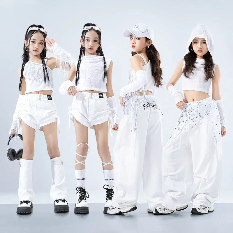 

Teen Hip Hop Kids Tassels Sequined Tops Street Dance Cargo Pants Girls Streetwear Children Jazz Costume Stage Shorts Clothes Set