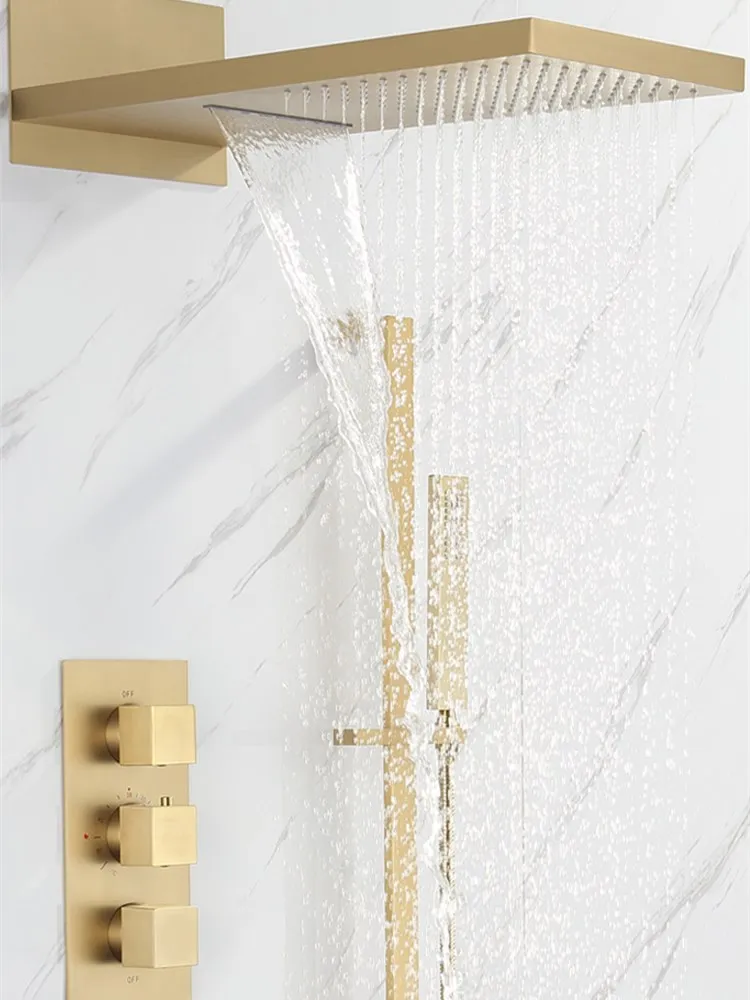 Bathroom Shower faucet set wall mounted thermostatic Bathtub faucet set brush gold /gold brass square rainfall style in-wall