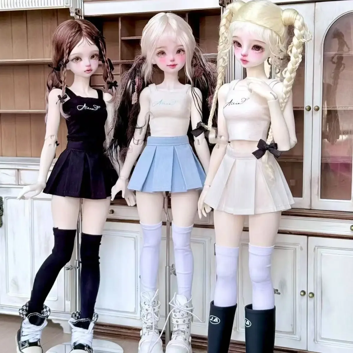 1/4 Doll's Clothes for 45cm Bjd Doll Girl Toys Dress Checkered Shirt Top Socks Dress Up Play House Doll Accessories, No Doll