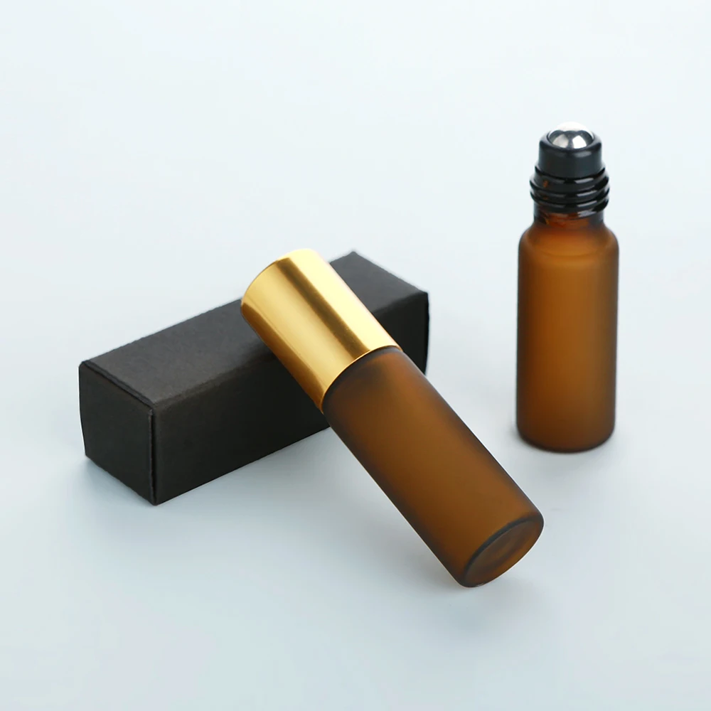 50/100 قطعة 5 مللي زجاجات عطر صغيرة محمولة من الزجاج البلوري البني، متدحرجة ناعمة، مانعة للتسرب، قابلة لإعادة الاستخدام، مع صناديق خارجية
