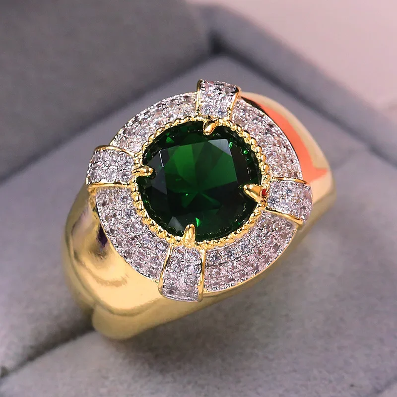 Exquisitely 18KRGP Golden Plated Ring 1.28 Ct Green Russian Nano Stone Vintage Engagement Rings for Men Women Fashion Jewelry