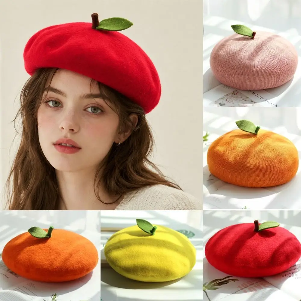 Sweet Red Apple Beret Cap Breathable Soft Painter Hat Handmade Orange Shaped Knit Beret Gift