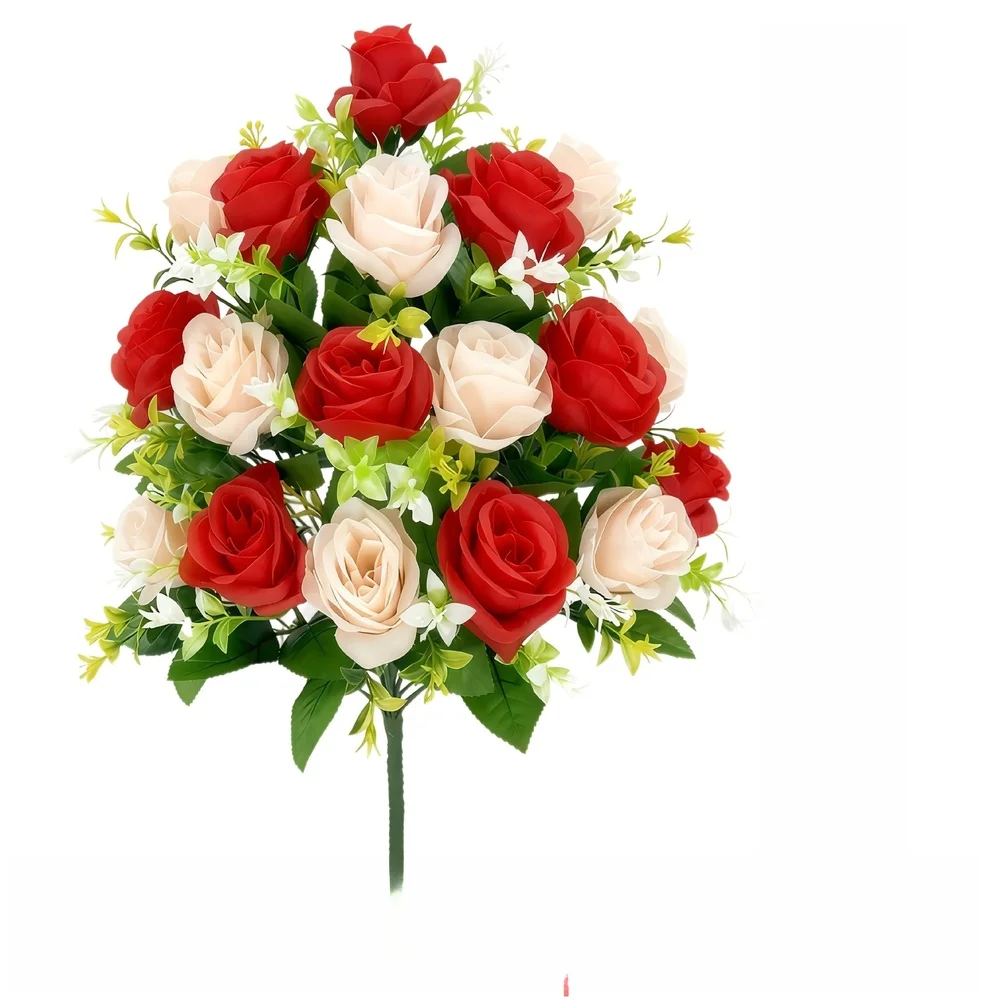 

Реалистичные красные розы с зеленым листьям в букете для праздничного декора и украшения коммерческих помещений, набор 36x10x5см