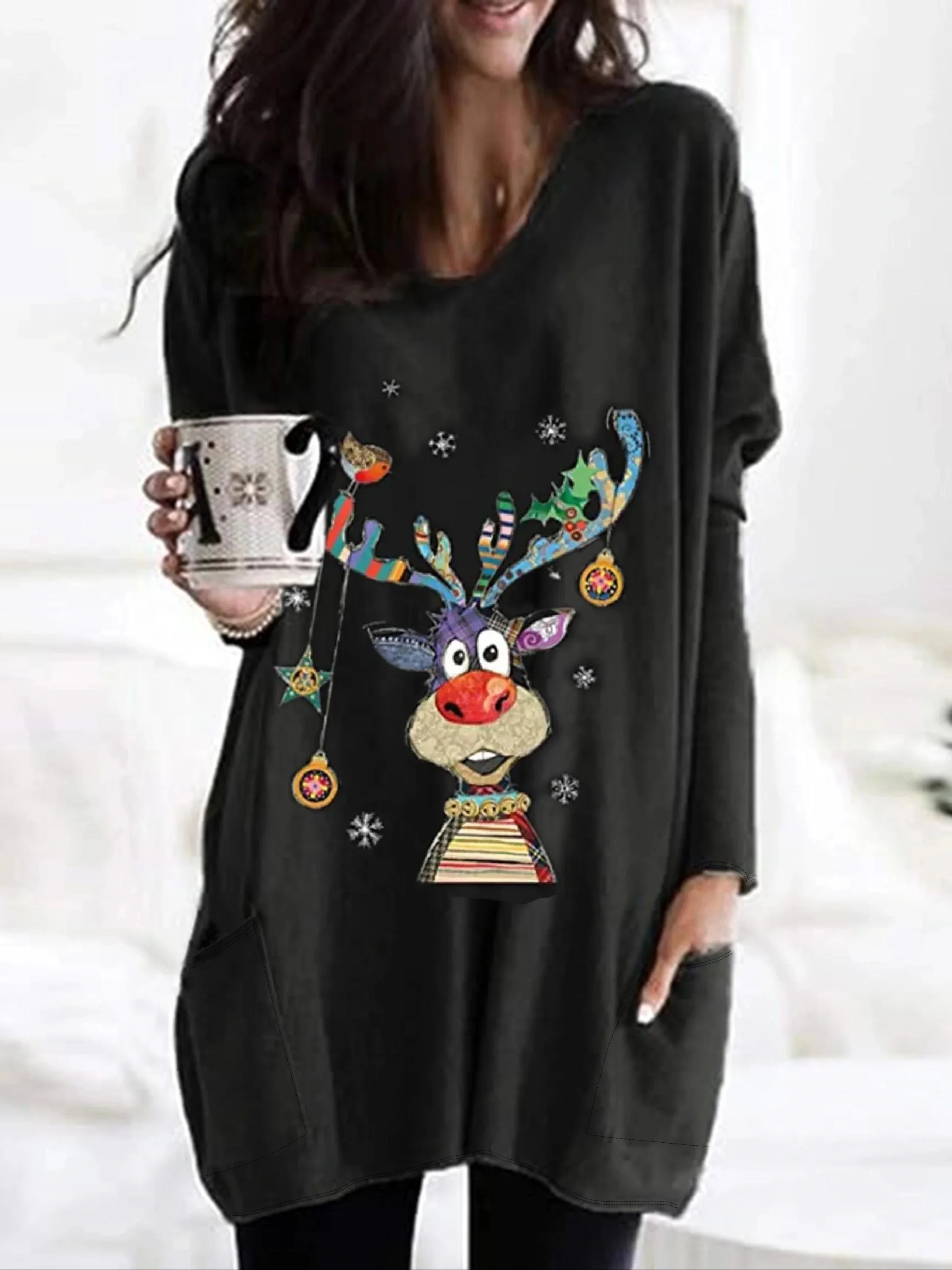 Women\'s  Plus Size 1XL-5XL CasualPocket Long Sleeved T-shirt  Ladies Autumn New  Christmas Printed Home Clothes Tops
