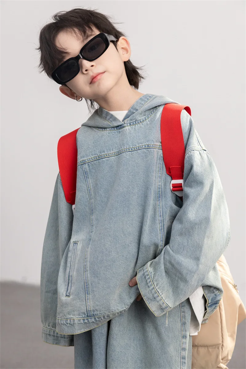 

2024 New Boys Spring Autumn One Piece Top Pullover Hooded Loose Soft Fashion Cowboy All-match Cool Outdoor