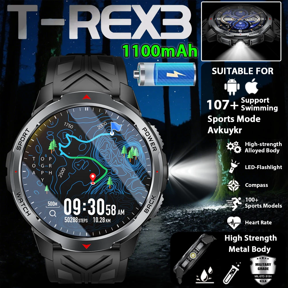 

New T-Rex3 1100mAh Battery Smart Watch For Man Outdoor Sport LED Flashlight Compass Men’s Smartwatch Bluetooth Call Men Watches
