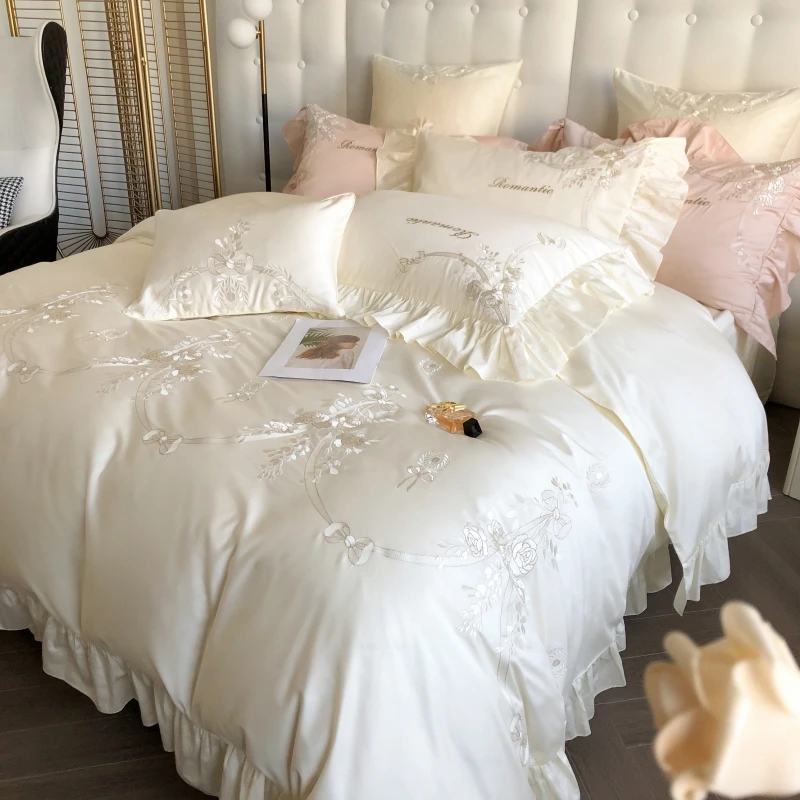 

High-end Embroidery Bedding Sets Luxury White Egyptian Cotton Duvet Cover Bed Sheet Pillowcases Solid Color Home Textile